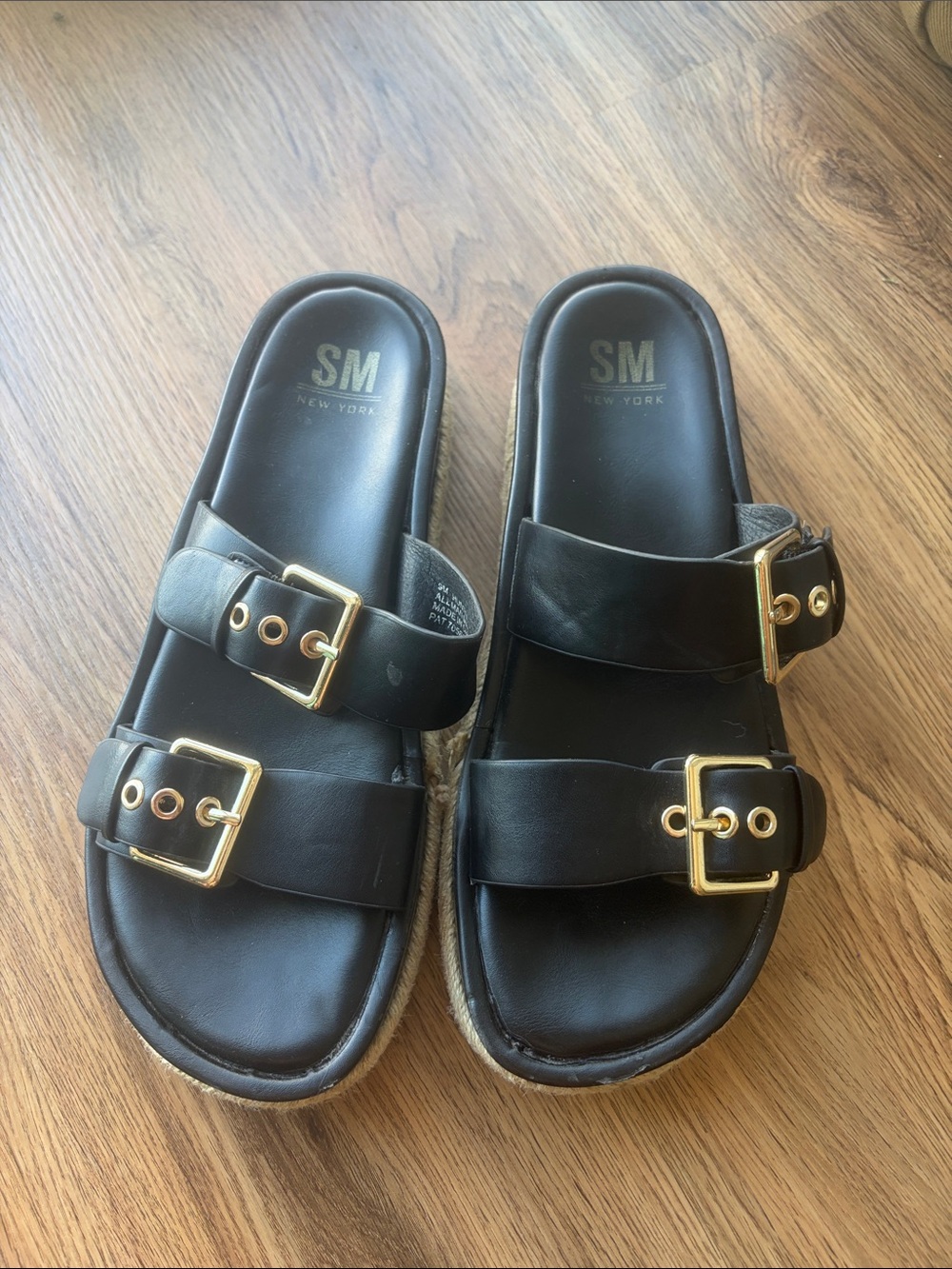 SM New York Black Slide Sandals with Gold Buckles